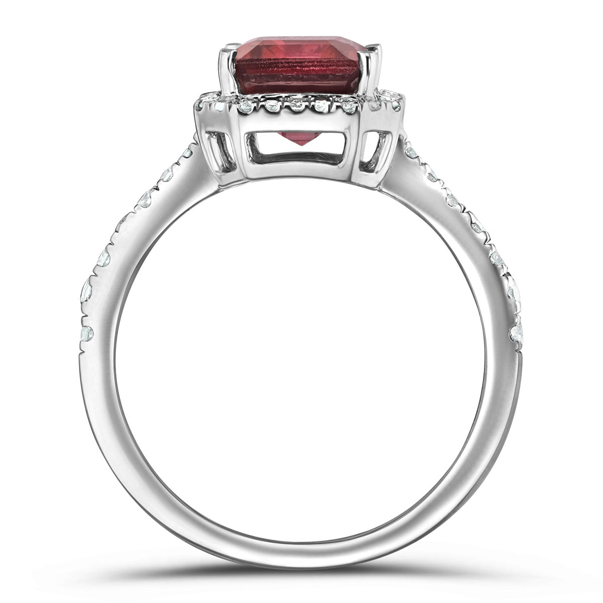 Astra 1.90ct Lab Ruby and Diamond Halo Shoulder Set Octagon Cut Ring in Silver